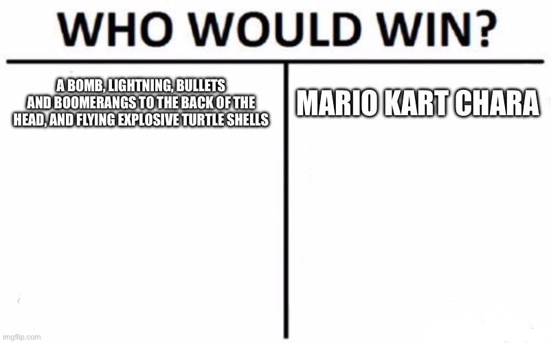 Who Would Win? | A BOMB, LIGHTNING, BULLETS AND BOOMERANGS TO THE BACK OF THE HEAD, AND FLYING EXPLOSIVE TURTLE SHELLS; MARIO KART CHARACTERS | image tagged in memes,who would win,mario,tis but a scratch | made w/ Imgflip meme maker