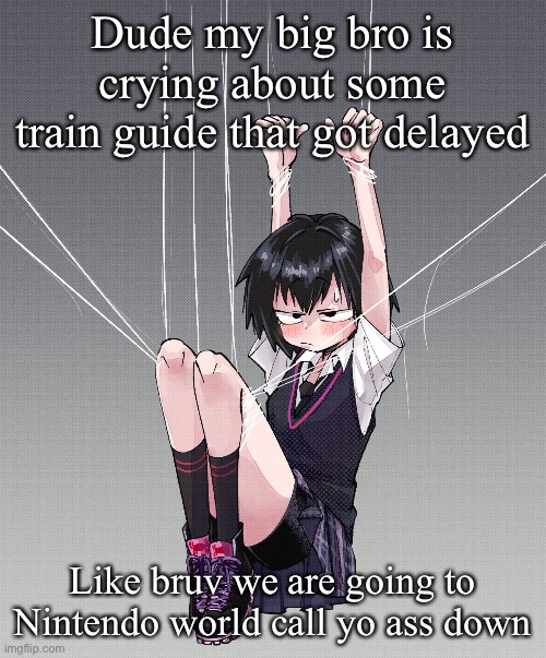 Stuck in a web | Dude my big bro is crying about some train guide that got delayed; Like bruv we are going to Nintendo world call yo ass down | made w/ Imgflip meme maker