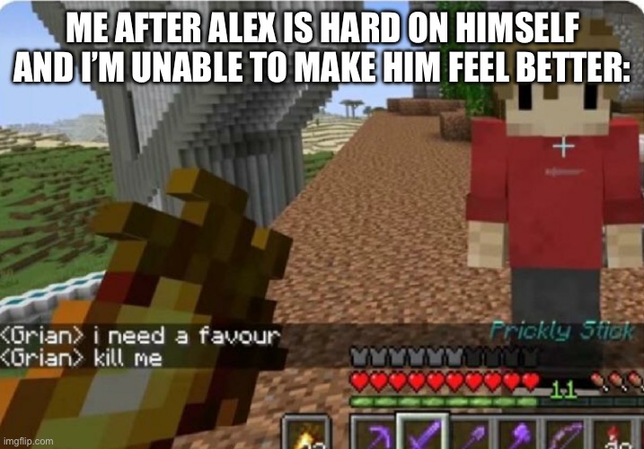 A message to Alex #2 | ME AFTER ALEX IS HARD ON HIMSELF AND I’M UNABLE TO MAKE HIM FEEL BETTER: | image tagged in grian kill me | made w/ Imgflip meme maker