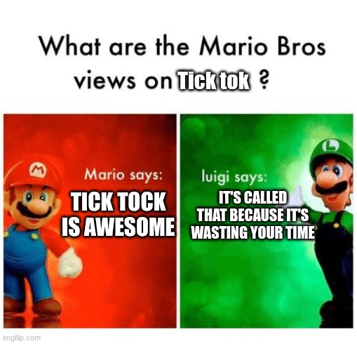 Tick tooooooook | Tick tok; IT'S CALLED THAT BECAUSE IT'S WASTING YOUR TIME; TICK TOCK IS AWESOME | image tagged in mario says luigi says | made w/ Imgflip meme maker