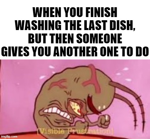 *visible frustration* | WHEN YOU FINISH WASHING THE LAST DISH, BUT THEN SOMEONE GIVES YOU ANOTHER ONE TO DO | image tagged in visible frustration,washing dishes,pain,if you read this tag you are cursed | made w/ Imgflip meme maker