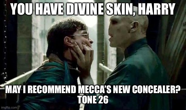 Voldemort and Harry | YOU HAVE DIVINE SKIN, HARRY; MAY I RECOMMEND MECCA’S NEW CONCEALER?
TONE 26 | image tagged in voldemort and harry | made w/ Imgflip meme maker