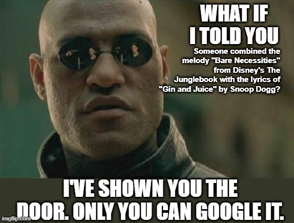 Matrix Morpheus Meme | WHAT IF I TOLD YOU; Someone combined the melody "Bare Necessities" from Disney's The Junglebook with the lyrics of "Gin and Juice" by Snoop Dogg? I'VE SHOWN YOU THE DOOR. ONLY YOU CAN GOOGLE IT. | image tagged in memes,matrix morpheus | made w/ Imgflip meme maker
