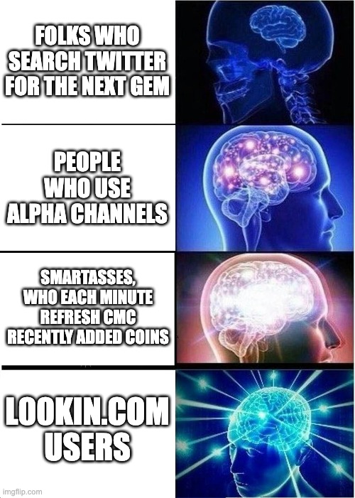 Mind evolution in web3 | FOLKS WHO SEARCH TWITTER FOR THE NEXT GEM; PEOPLE WHO USE ALPHA CHANNELS; SMARTASSES, WHO EACH MINUTE REFRESH CMC RECENTLY ADDED COINS; L00KIN.COM USERS | image tagged in memes,expanding brain | made w/ Imgflip meme maker