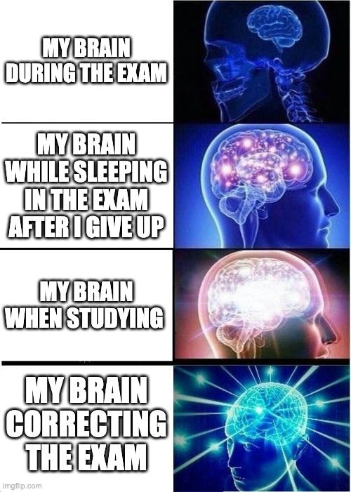 Expanding Brain | MY BRAIN DURING THE EXAM; MY BRAIN WHILE SLEEPING IN THE EXAM AFTER I GIVE UP; MY BRAIN WHEN STUDYING; MY BRAIN CORRECTING THE EXAM | image tagged in memes,expanding brain | made w/ Imgflip meme maker