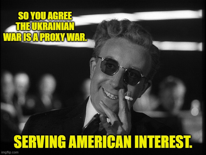 Dr. Strangelove | SO YOU AGREE THE UKRAINIAN WAR IS A PROXY WAR. SERVING AMERICAN INTEREST. | image tagged in dr strangelove | made w/ Imgflip meme maker