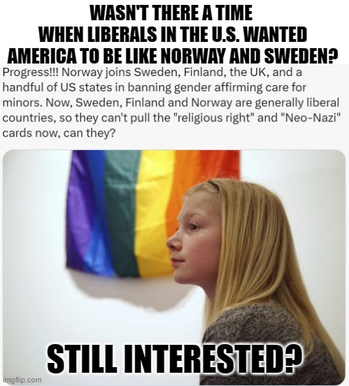 Gender dysphoria is a mental illness. | WASN'T THERE A TIME 
WHEN LIBERALS IN THE U.S. WANTED AMERICA TO BE LIKE NORWAY AND SWEDEN? STILL INTERESTED? | image tagged in gender confusion,mental illness,transgender,tired of hearing about transgenders | made w/ Imgflip meme maker