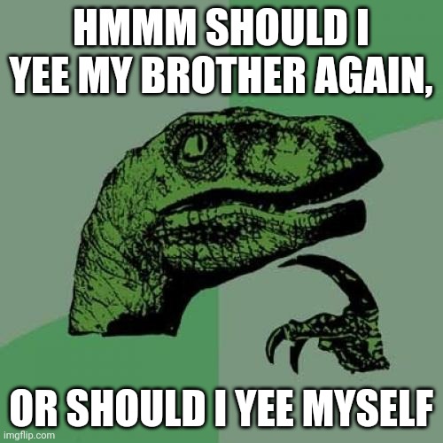 YEE | HMMM SHOULD I YEE MY BROTHER AGAIN, OR SHOULD I YEE MYSELF | image tagged in memes,philosoraptor | made w/ Imgflip meme maker