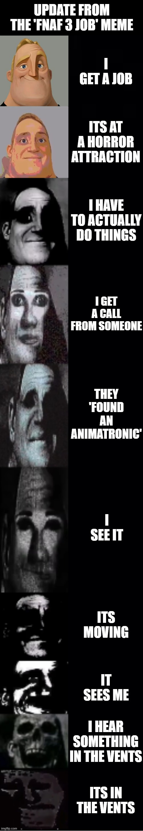 update from this meme https://imgflip.com/i/7oaakb | UPDATE FROM THE 'FNAF 3 JOB' MEME; I GET A JOB; ITS AT A HORROR ATTRACTION; I HAVE TO ACTUALLY DO THINGS; I GET A CALL FROM SOMEONE; THEY 'FOUND AN ANIMATRONIC'; I SEE IT; ITS MOVING; IT SEES ME; I HEAR SOMETHING IN THE VENTS; ITS IN THE VENTS | image tagged in mr incredible becoming uncanny,update,fnaf 3,fnaf3 | made w/ Imgflip meme maker