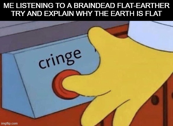 their literally denying years upon years of facts, logic and science | ME LISTENING TO A BRAINDEAD FLAT-EARTHER TRY AND EXPLAIN WHY THE EARTH IS FLAT | image tagged in cringe button,flat earthers,earth,oh wow are you actually reading these tags | made w/ Imgflip meme maker