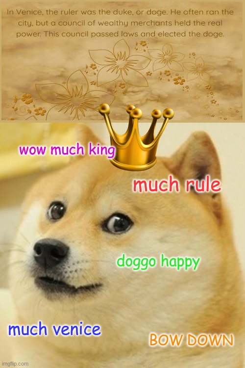 not even joking, the ruler in venice was called the doge and i couldn't resist making this meme ngl | wow much king; much rule; doggo happy; much venice; BOW DOWN | image tagged in memes,doge,italy,king,buff doge vs cheems,stop reading the tags | made w/ Imgflip meme maker