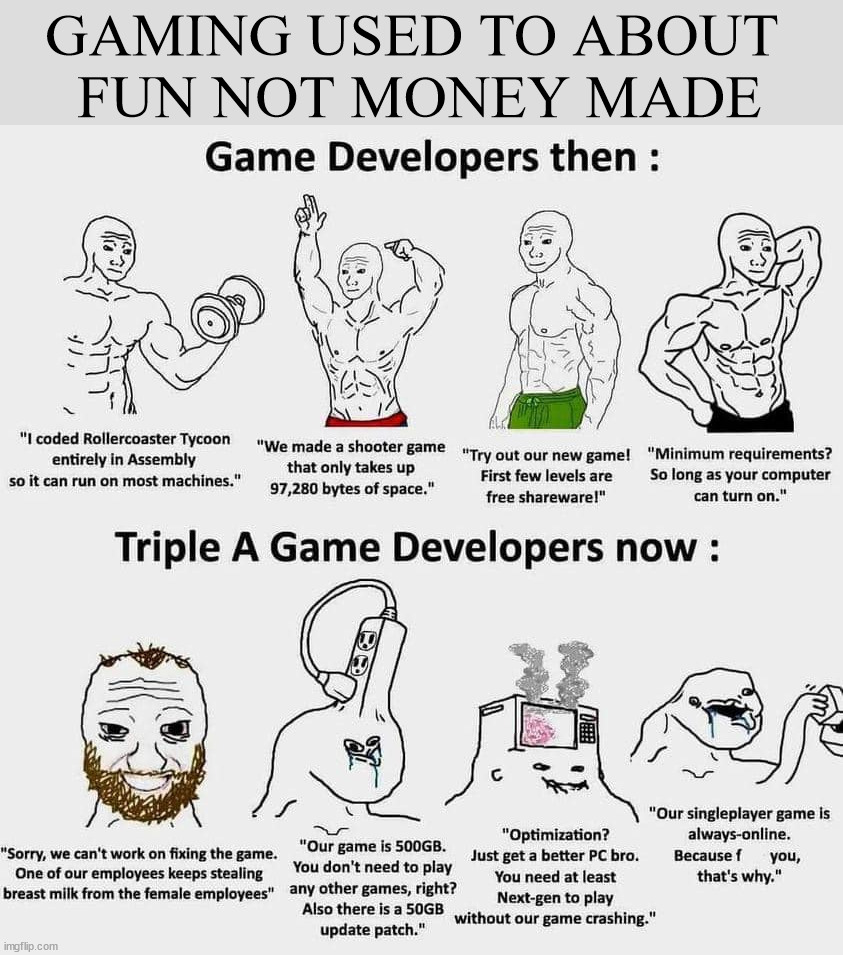 Games just used to be different | GAMING USED TO ABOUT 
FUN NOT MONEY MADE | image tagged in gaming | made w/ Imgflip meme maker