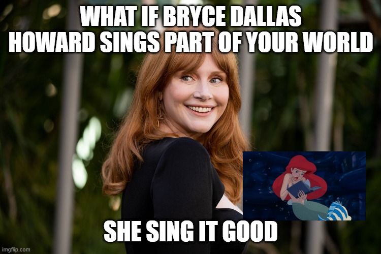 movie what if | WHAT IF BRYCE DALLAS HOWARD SINGS PART OF YOUR WORLD; SHE SING IT GOOD | image tagged in bryce dallas howard,that wasn't part of my plan,ariel,disney,the little mermaid | made w/ Imgflip meme maker