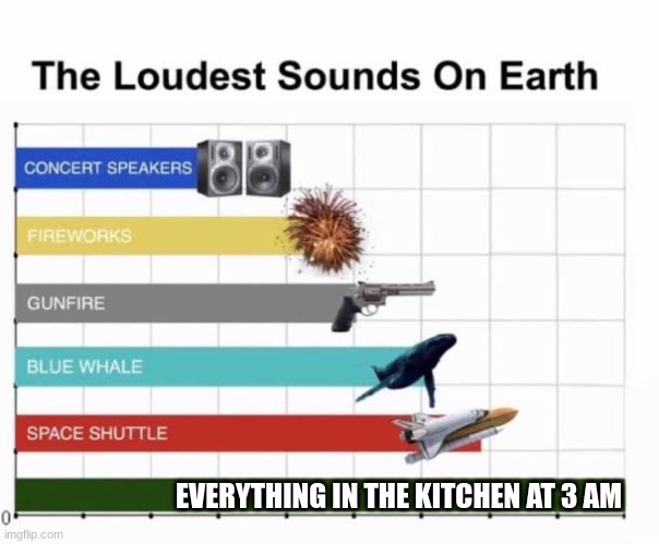 its even worse if you drop something | EVERYTHING IN THE KITCHEN AT 3 AM | image tagged in the loudest sounds on earth,3 am,why are you reading this | made w/ Imgflip meme maker