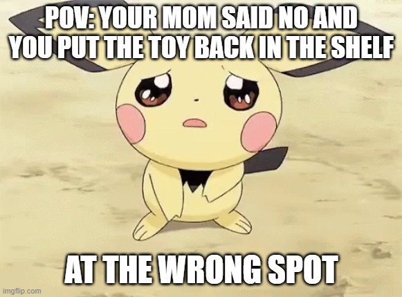 i dont know what to do anymore lol | POV: YOUR MOM SAID NO AND YOU PUT THE TOY BACK IN THE SHELF; AT THE WRONG SPOT | image tagged in sad pichu | made w/ Imgflip meme maker