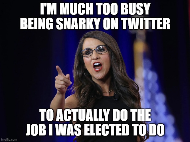 I'M MUCH TOO BUSY BEING SNARKY ON TWITTER; TO ACTUALLY DO THE JOB I WAS ELECTED TO DO | image tagged in congress,lazy,incompetence | made w/ Imgflip meme maker