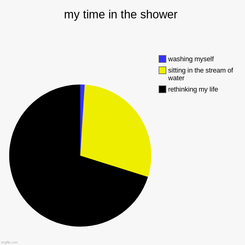 me in the shower | my time in the shower | rethinking my life, sitting in the stream of  water, washing myself | image tagged in charts,pie charts | made w/ Imgflip chart maker