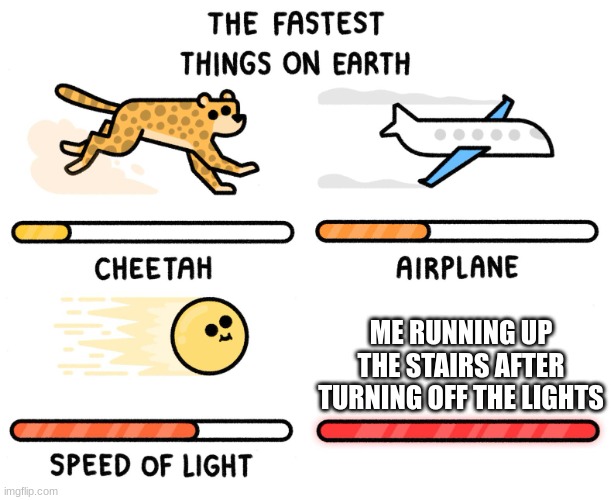 Fastest thing on earth | ME RUNNING UP THE STAIRS AFTER TURNING OFF THE LIGHTS | image tagged in fastest thing on earth | made w/ Imgflip meme maker