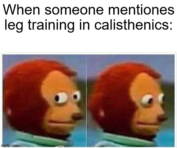 Monkey Puppet | When someone mentiones
leg training in calisthenics: | image tagged in memes,monkey puppet | made w/ Imgflip meme maker