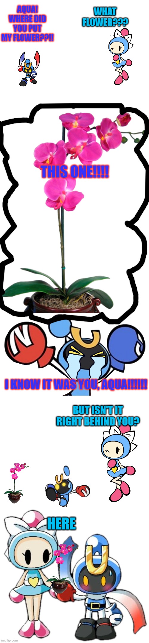 Magnet Bomber loses his flower | WHAT FLOWER??? AQUA! WHERE DID YOU PUT MY FLOWER??!! THIS ONE!!!! I KNOW IT WAS YOU, AQUA!!!!!! BUT ISN'T IT RIGHT BEHIND YOU? HERE | image tagged in blank white template,orchid,magnet bomber crying,aqua bomber and magnet bomber holding hands,bomberman | made w/ Imgflip meme maker