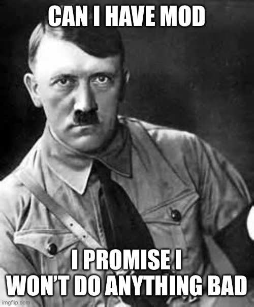 Adolf Hitler | CAN I HAVE MOD I PROMISE I WON’T DO ANYTHING BAD | image tagged in adolf hitler | made w/ Imgflip meme maker