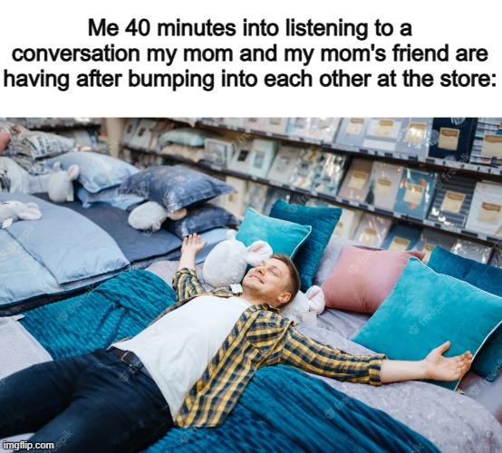 Zzz... ~_~ | Me 40 minutes into listening to a conversation my mom and my mom's friend are having after bumping into each other at the store: | made w/ Imgflip meme maker