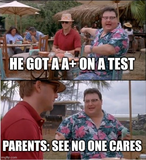 See Nobody Cares | HE GOT A A+ ON A TEST; PARENTS: SEE NO ONE CARES | image tagged in memes,see nobody cares | made w/ Imgflip meme maker