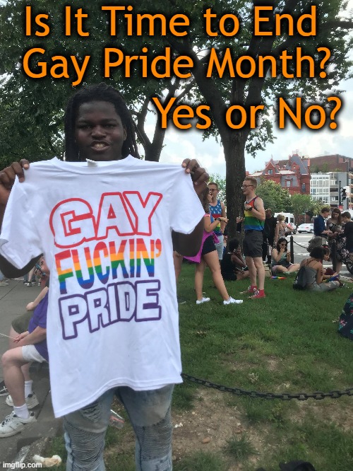 Unofficial Poll | Is It Time to End 



Gay Pride Month? Yes or No? | image tagged in politics,gay pride,agenda,in your face,not for children,indoctrination | made w/ Imgflip meme maker