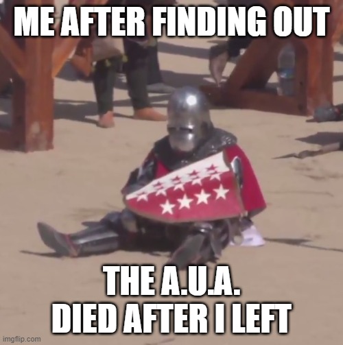 No more anti uwu? | ME AFTER FINDING OUT; THE A.U.A. DIED AFTER I LEFT | image tagged in sad crusader noises | made w/ Imgflip meme maker