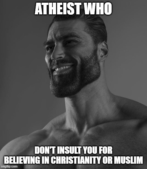 Giga Chad | ATHEIST WHO; DON'T INSULT YOU FOR BELIEVING IN CHRISTIANITY OR MUSLIM | image tagged in giga chad | made w/ Imgflip meme maker
