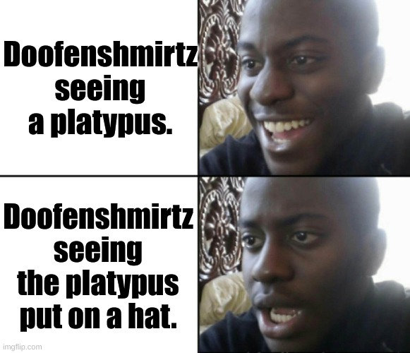 Doofenshmirtz | Doofenshmirtz seeing a platypus. Doofenshmirtz seeing the platypus put on a hat. | image tagged in happy / shock | made w/ Imgflip meme maker
