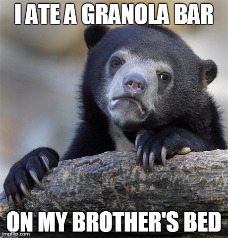 Confession Bear | I ATE A GRANOLA BAR ON MY BROTHER'S BED | image tagged in memes,confession bear,AdviceAnimals | made w/ Imgflip meme maker