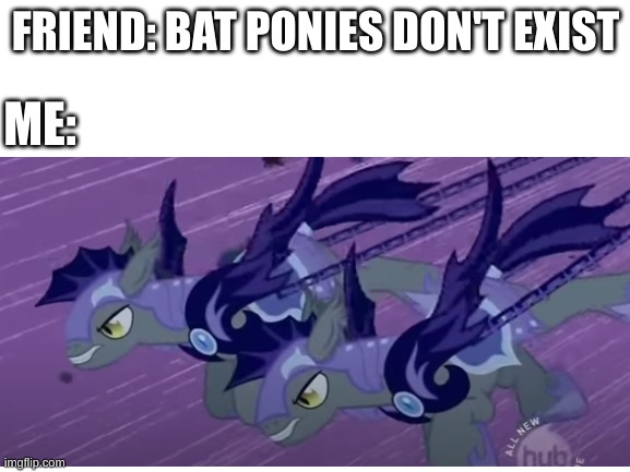 FRIEND: BAT PONIES DON'T EXIST; ME: | image tagged in mlp,batponies exist,bat ponies,fun,memes | made w/ Imgflip meme maker
