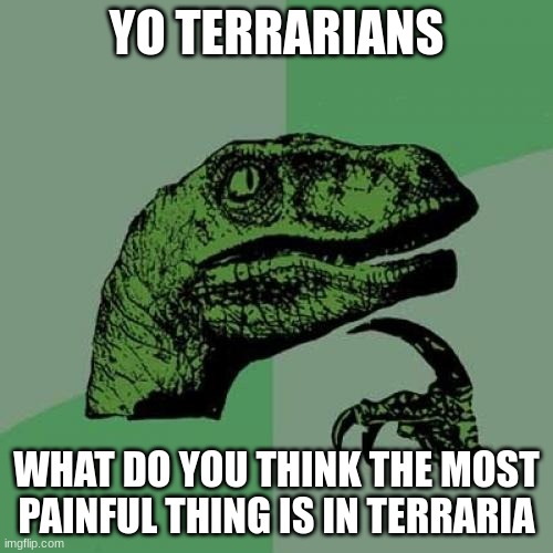 For me it's crimson spreading and giant tortoises | YO TERRARIANS; WHAT DO YOU THINK THE MOST PAINFUL THING IS IN TERRARIA | image tagged in memes,philosoraptor | made w/ Imgflip meme maker