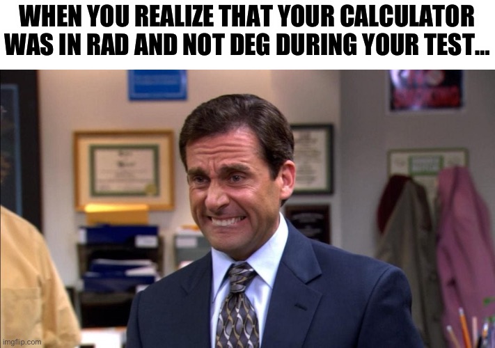 Michael Scott | WHEN YOU REALIZE THAT YOUR CALCULATOR WAS IN RAD AND NOT DEG DURING YOUR TEST… | image tagged in michael scott | made w/ Imgflip meme maker