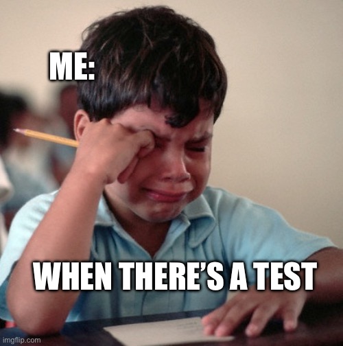 Every time when there’s a test | ME:; WHEN THERE’S A TEST | image tagged in crying kid in class | made w/ Imgflip meme maker