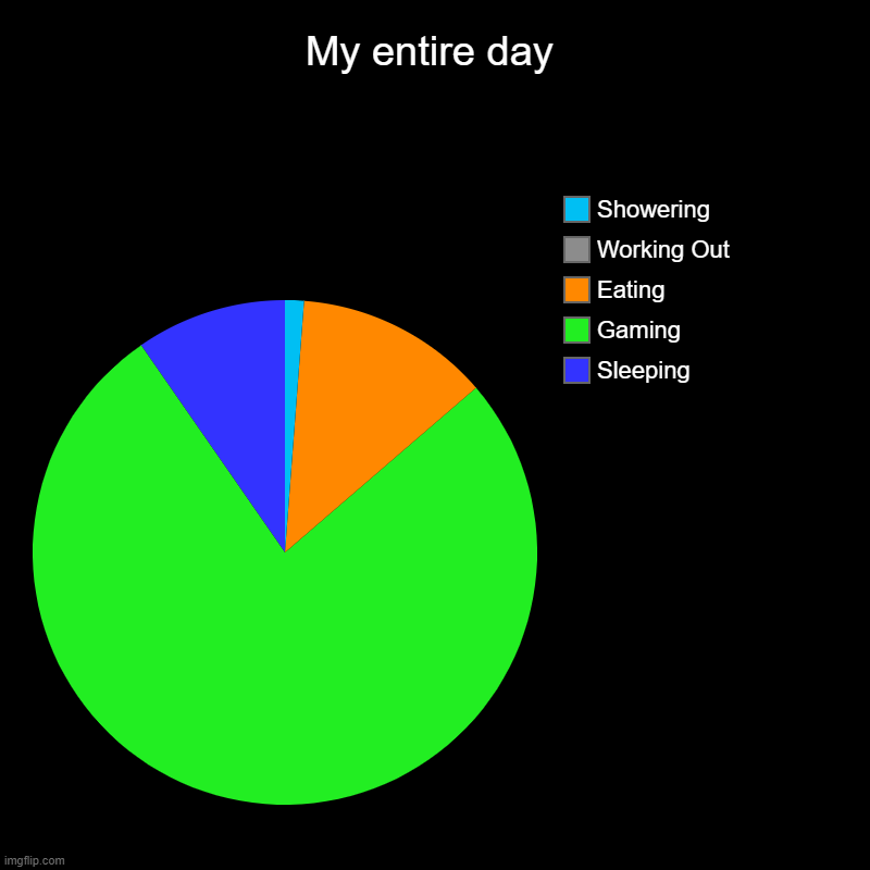 My entire day | My entire day | Sleeping, Gaming, Eating, Working Out, Showering | image tagged in charts,pie charts | made w/ Imgflip chart maker