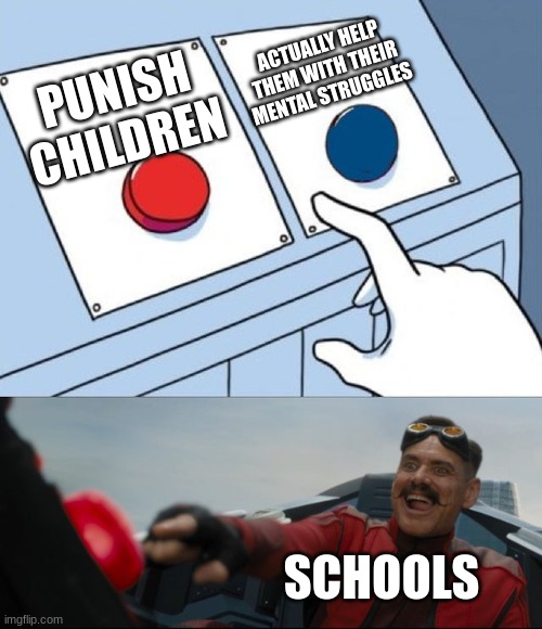 Robotnik Button | ACTUALLY HELP THEM WITH THEIR MENTAL STRUGGLES; PUNISH CHILDREN; SCHOOLS | image tagged in robotnik button | made w/ Imgflip meme maker