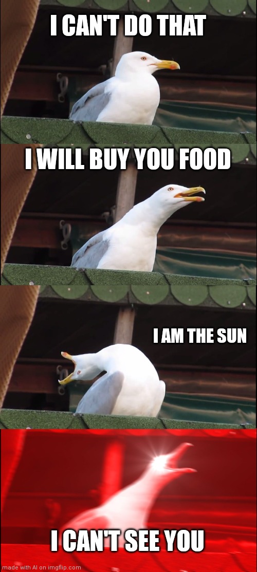 (Ai generated but funny) | I CAN'T DO THAT; I WILL BUY YOU FOOD; I AM THE SUN; I CAN'T SEE YOU | image tagged in memes,inhaling seagull | made w/ Imgflip meme maker