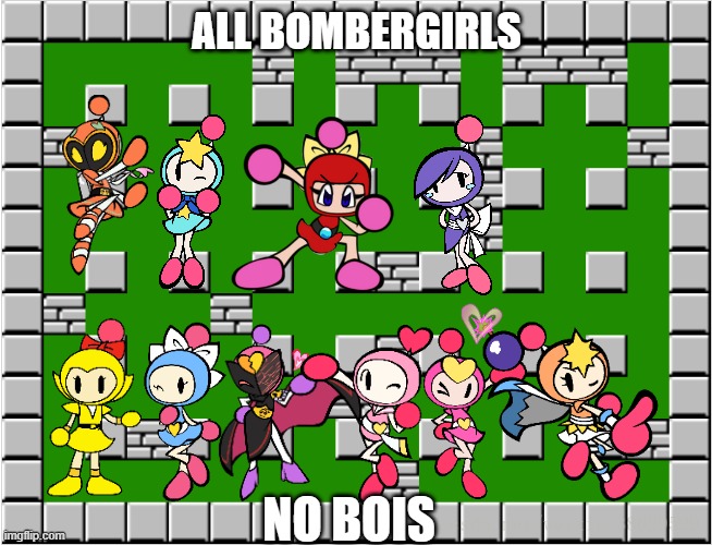 All Bombergirls are here | ALL BOMBERGIRLS; NO BOIS | image tagged in bomberman level,bomberman | made w/ Imgflip meme maker