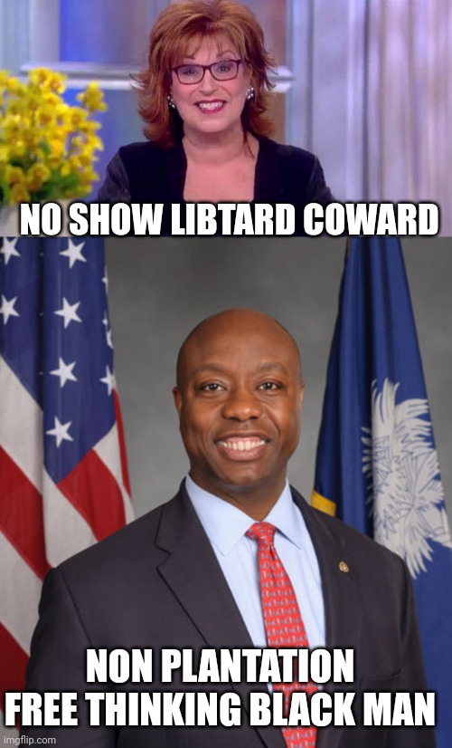 NO SHOW LIBTARD COWARD; NON PLANTATION FREE THINKING BLACK MAN | image tagged in joy b,senator tim scott - american hero | made w/ Imgflip meme maker
