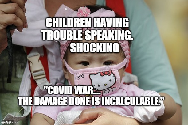 Asian Baby In Hello Kitty Face Mask | CHILDREN HAVING TROUBLE SPEAKING.          SHOCKING; "COVID WAR....                       THE DAMAGE DONE IS INCALCULABLE." | image tagged in asian baby in hello kitty face mask | made w/ Imgflip meme maker
