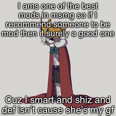 I ams one of the best mods in msmg so if I recommend someone to be mod then it surely a good one; Cuz I smart and shiz and def isn’t cause she’s my gf | image tagged in avogado6 depression | made w/ Imgflip meme maker
