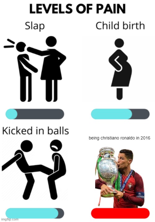 Ronaldo | being christiano ronaldo in 2016 | image tagged in levels of pain | made w/ Imgflip meme maker