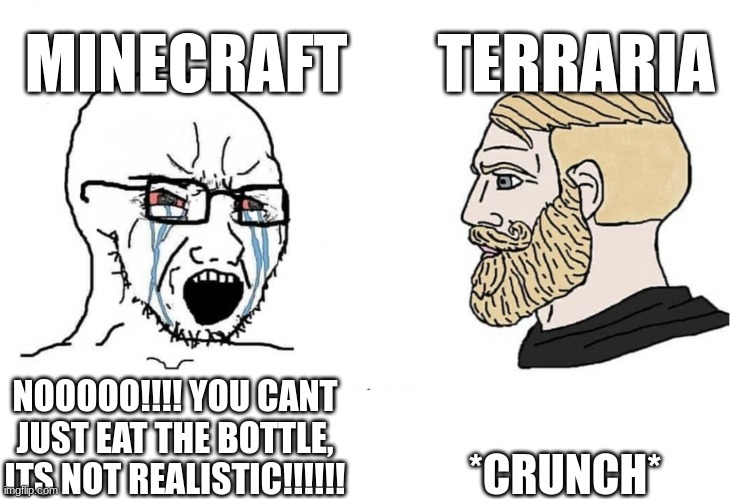 Soyboy Vs Yes Chad | MINECRAFT; TERRARIA; *CRUNCH*; NOOOOO!!!! YOU CANT JUST EAT THE BOTTLE, ITS NOT REALISTIC!!!!!! | image tagged in soyboy vs yes chad | made w/ Imgflip meme maker