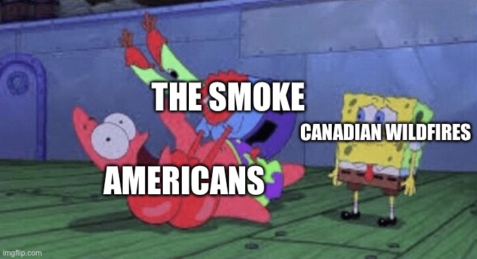 Trust me, I live in America. It sucks. | THE SMOKE; CANADIAN WILDFIRES; AMERICANS | image tagged in mr krabs choking patrick | made w/ Imgflip meme maker