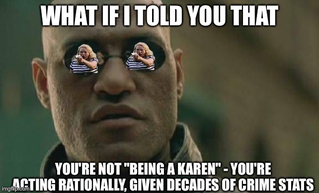 Matrix Morpheus Meme | WHAT IF I TOLD YOU THAT; YOU'RE NOT "BEING A KAREN" - YOU'RE ACTING RATIONALLY, GIVEN DECADES OF CRIME STATS | image tagged in memes,matrix morpheus | made w/ Imgflip meme maker