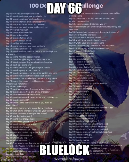 100 day anime challenge | DAY 66; BLUELOCK | image tagged in 100 day anime challenge | made w/ Imgflip meme maker