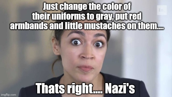 Crazy Alexandria Ocasio-Cortez | Just change the color of their uniforms to gray, put red armbands and little mustaches on them.... Thats right.... Nazi's | image tagged in crazy alexandria ocasio-cortez | made w/ Imgflip meme maker