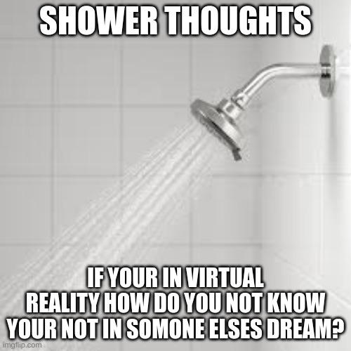 Shower Thoughts Part 3 | SHOWER THOUGHTS; IF YOUR IN VIRTUAL REALITY HOW DO YOU NOT KNOW YOUR NOT IN SOMONE ELSES DREAM? | image tagged in shower thoughts | made w/ Imgflip meme maker